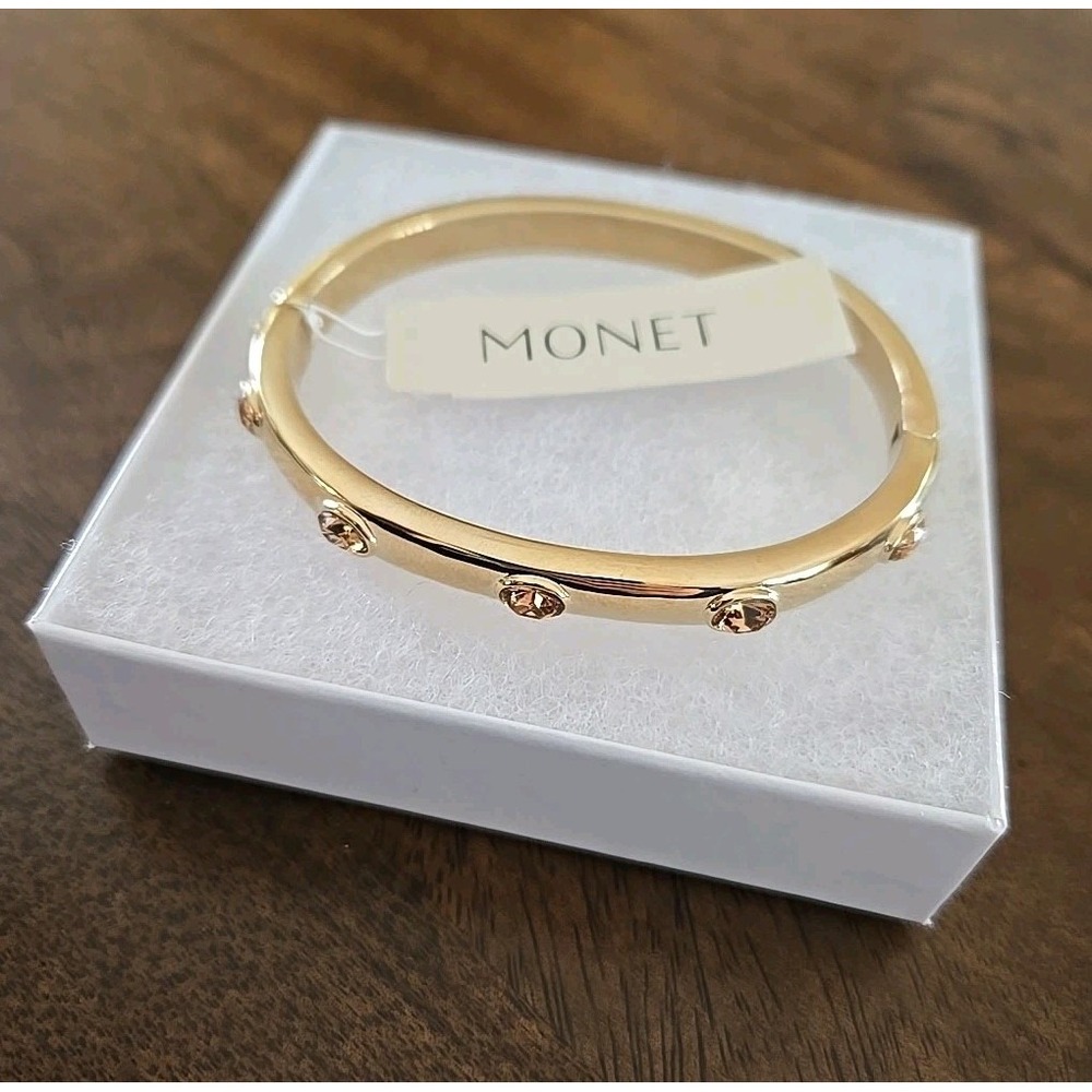 Monet Clip Clasp Bangle Gold Tone Bracelet W/5 Bezel Set Stones Luxurious 7" NWT